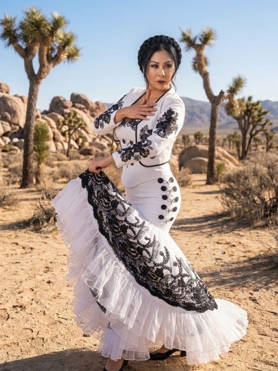 Ofelia dress designer Dresses & Skirts - Elegant White & Black Embroidered Flamenco-Style Dress